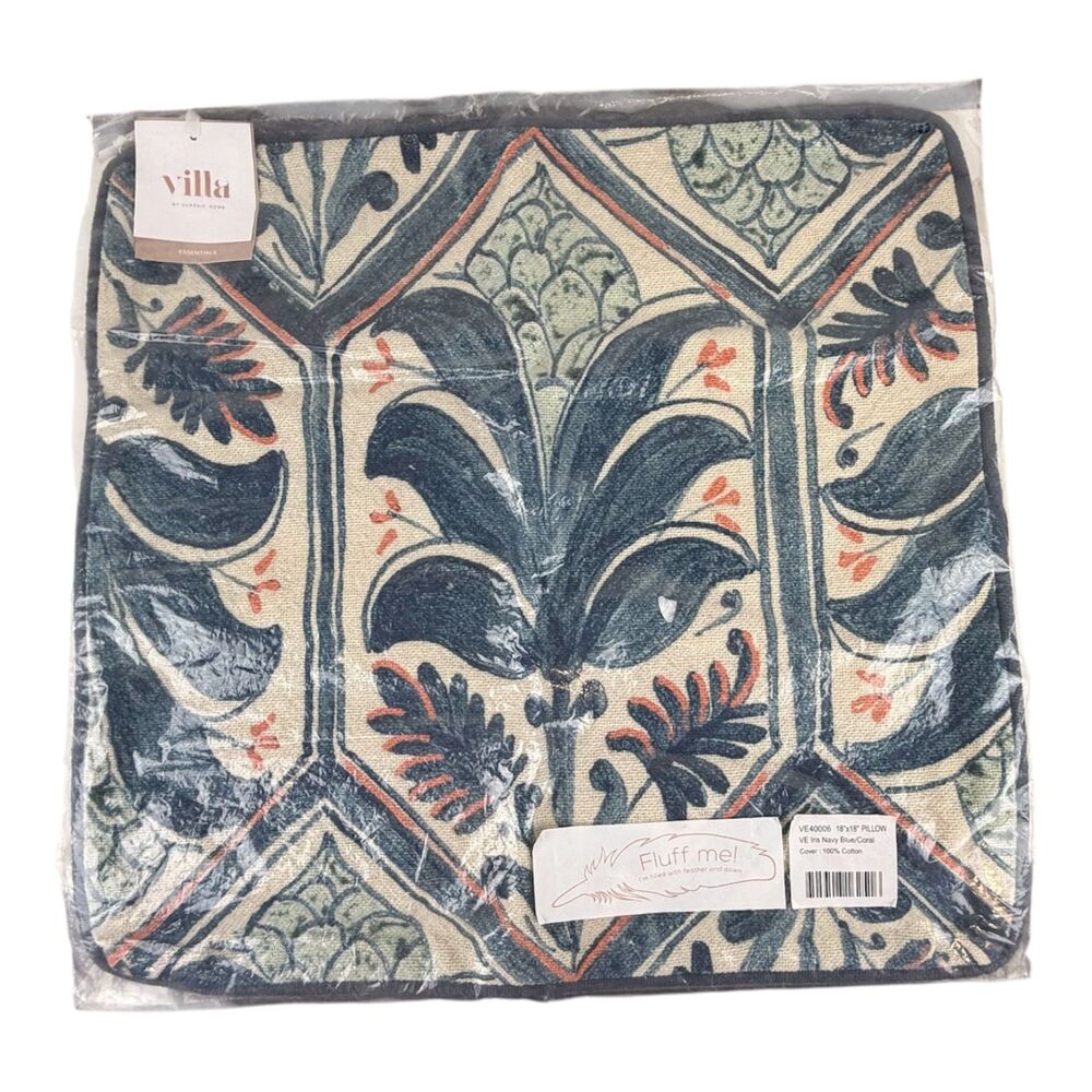 Villa by Classic Home Iris 18x18 Throw Pillow Navy Blue Coral Boho Tile Design